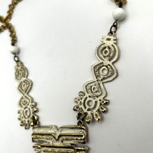 Vintage Sarah Cov Tribal Aztec White Enamel Large Pendant Necklace 36” - Picture 8 of 12